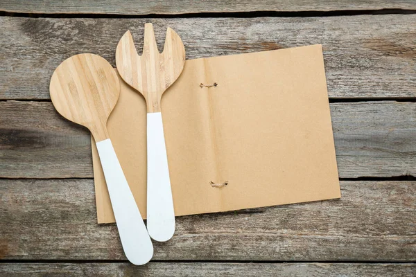 Blank Recipe Book Kitchen Utensils Old Wooden Table Flat Lay — Stock Photo, Image