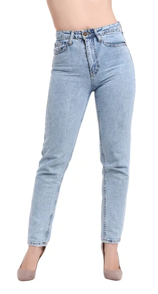 Mujer Jeans Con Estilo Sobre Fondo Blanco Primer Plano — Foto de Stock
