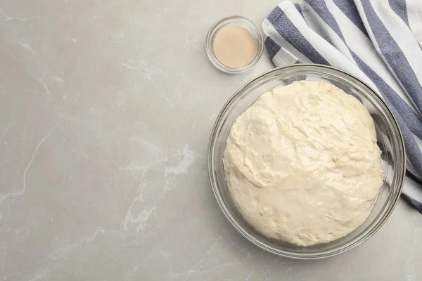 stock image Fresh dough for cake and dry yeast on marble table, flat lay. Space for text