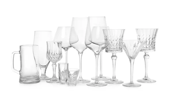 Verschiedene Elegante Leere Gläser Isoliert Auf Weiß — Stockfoto