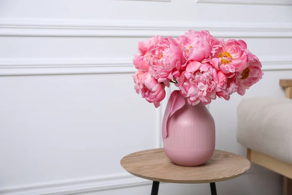 Beautiful Bouquet Pink Peonies Vase Wooden Table Indoors Space Text — Stock Photo, Image