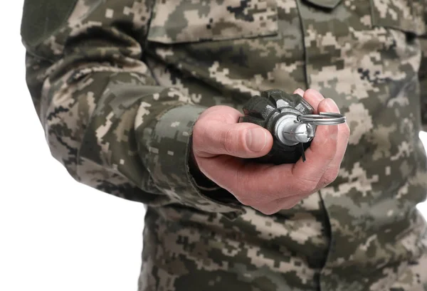 白地に手榴弾を持っている兵士 — ストック写真