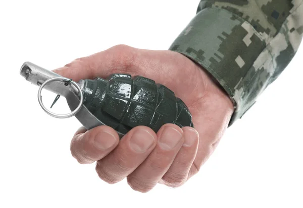 Soldat Mit Handgranate Auf Weißem Hintergrund Nahaufnahme Wehrdienst — Stockfoto
