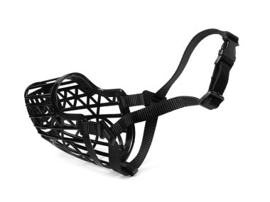 Siyah plastik köpek ağızlığı beyaza izole edilmiş.