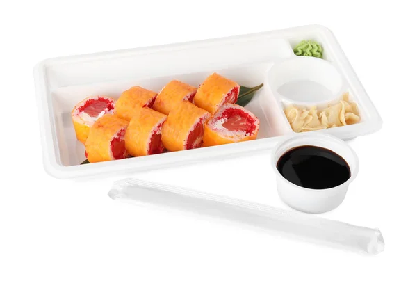 Livraison Nourriture Conteneur Plastique Avec Délicieux Rouleaux Sushi Près Bol — Photo