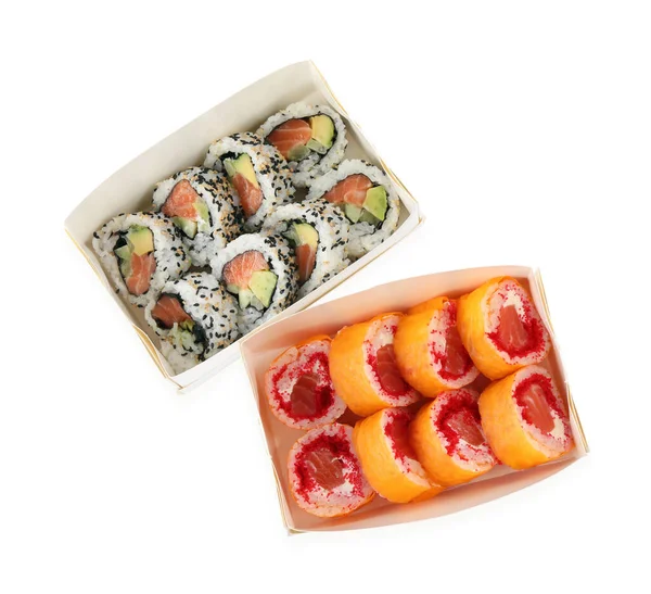 食品交付 不同的美味寿司卷白色背景 顶部视图 — 图库照片