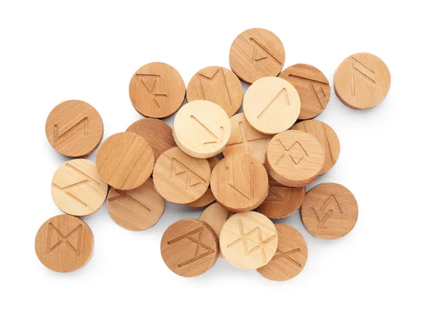 Pile Wooden Runes Isolated White Top View — Stock Photo, Image