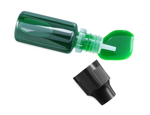 Бутылка Зеленой Пищевой Краски Белом Фоне Вид Сверху — стоковое фото