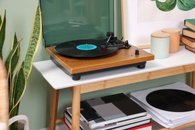 İçerideki konsol masasında vinil plaklı şık bir pikap.