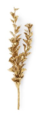 Beyaz arka planda yaprakları olan parlak altın bir dal. Dekor ögesi