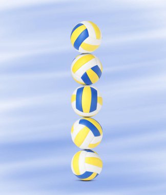 Mavi arkaplanda voleybol topları yığını