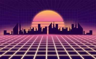 Metaverse. Günbatımında binaları olan dijital şehir.