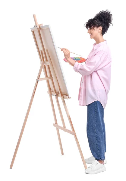 Mujer Joven Pintando Sobre Caballete Con Lienzo Sobre Fondo Blanco — Foto de Stock