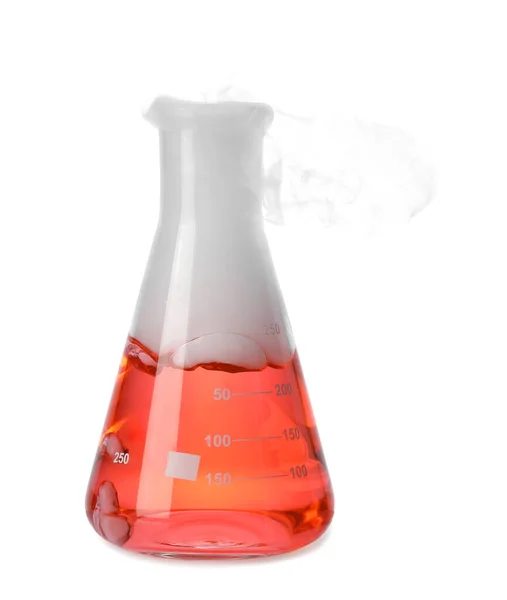 Laboratory Flask Colorful Liquid Steam Isolated White Chemical Reaction — Fotografia de Stock