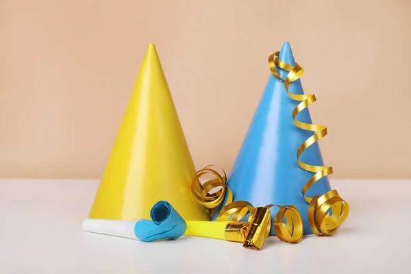 Colorful Party Hats Streamers Blowers White Table Birthday Celebration — Stock Photo, Image