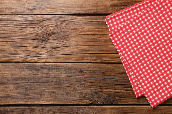 Red Checkered Tablecloth Wooden Table Top View Space Text — Stock Photo, Image