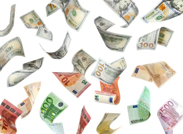 Cambio Dinero Billetes Dólares Euros Que Caen Sobre Fondo Blanco — Foto de Stock