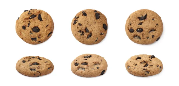 Kollázs Ízletes Csokoládé Chip Cookie Fehér Háttér Felső Oldalnézetben — Stock Fotó