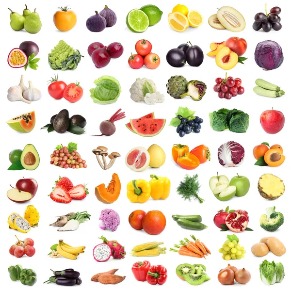 Muchas Frutas Verduras Frescas Sobre Fondo Blanco Diseño Collage — Foto de Stock