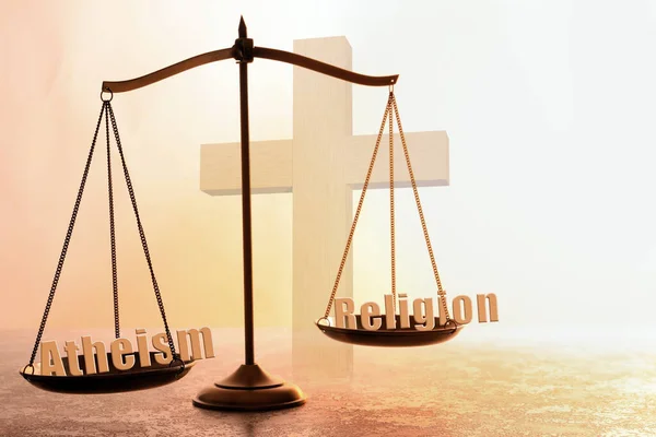 Choice Atheism Religion Scales Words Textured Surface Cross — Stock Photo, Image