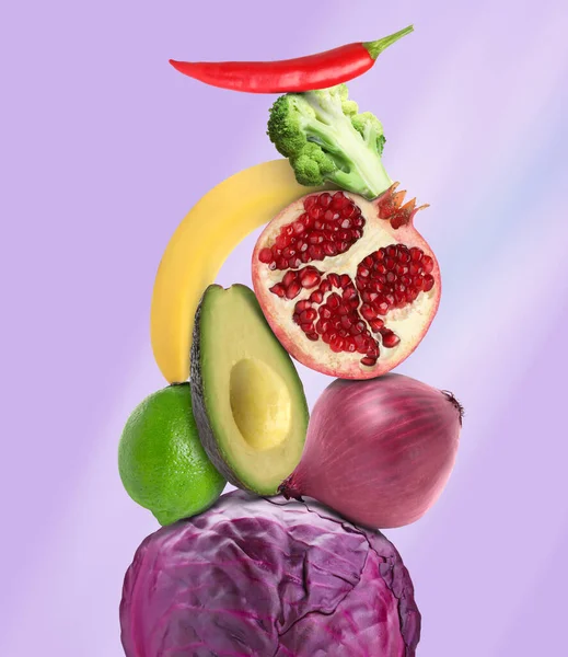 Stack Different Vegetables Fruits Pale Violet Background — Stock Photo, Image