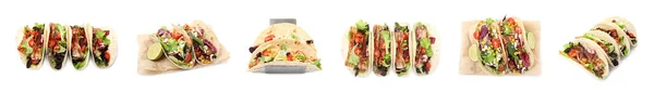 Deliciosos Tacos Aislados Blanco Diseño Collage —  Fotos de Stock