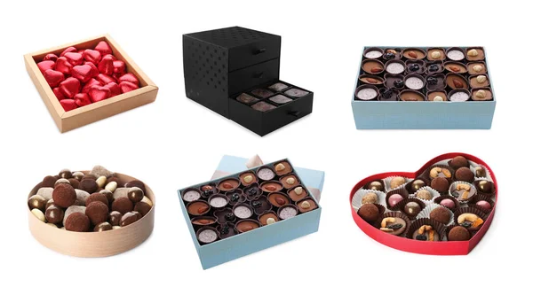Muitas Caixas Diferentes Com Doces Chocolate Saborosos Fundo Branco Design — Fotografia de Stock