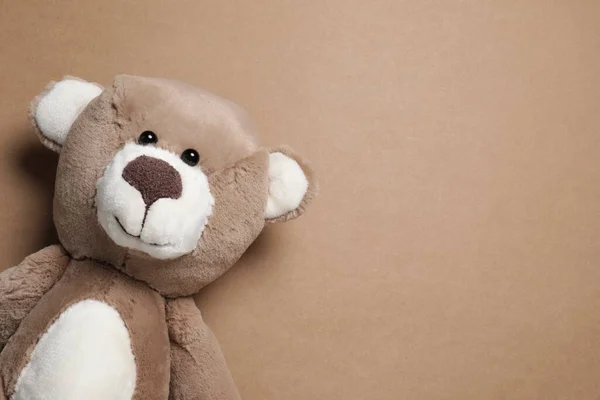 Cute Teddy Bear Brown Background Top View Space Text — Stock Photo, Image