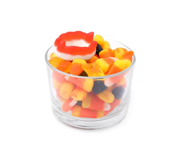 Taça Vidro Deliciosos Doces Coloridos Isolados Branco Doces Halloween — Fotografia de Stock