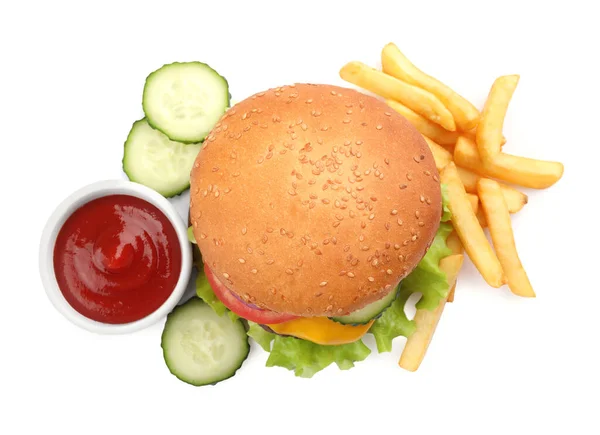 French Fries Tasty Burger Ingredients White Background Top View — Stock Photo, Image