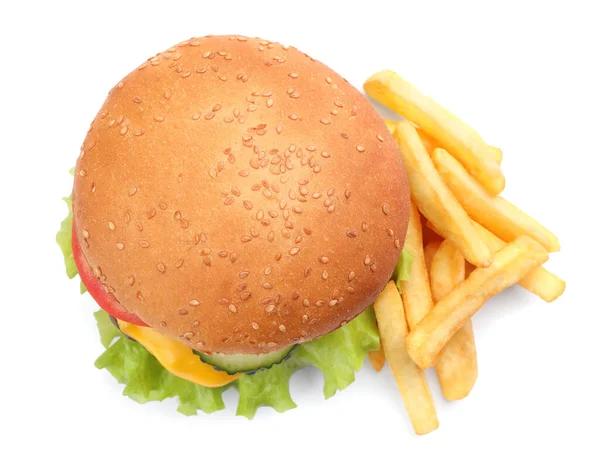 Τηγανητές Πατάτες Και Νόστιμο Burger Λευκό Φόντο Top View — Φωτογραφία Αρχείου