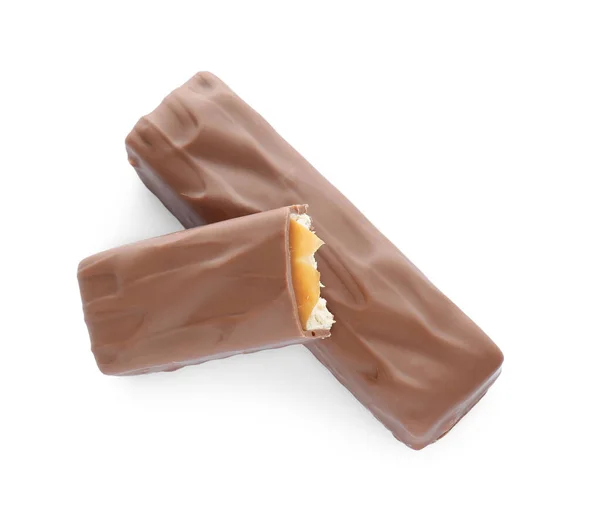 Trozos Barras Chocolate Con Caramelo Sobre Fondo Blanco Vista Superior — Foto de Stock