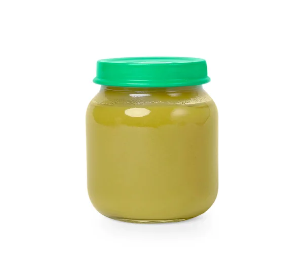 Glazen Pot Met Gezonde Babyvoeding Geïsoleerd Wit — Stockfoto