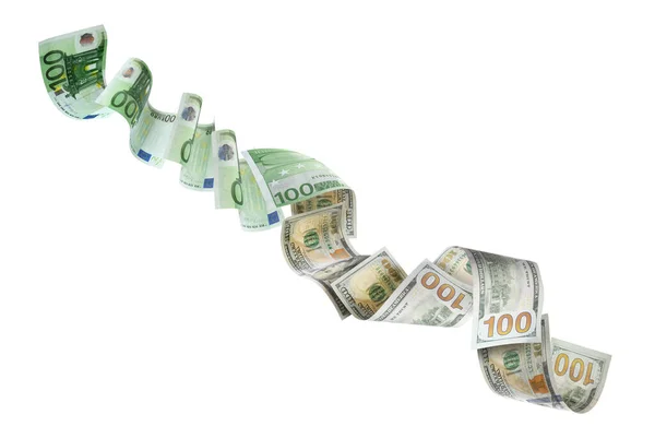 Cambio Dinero Billetes Euros Convertidos Dólares Mientras Caen Sobre Fondo — Foto de Stock