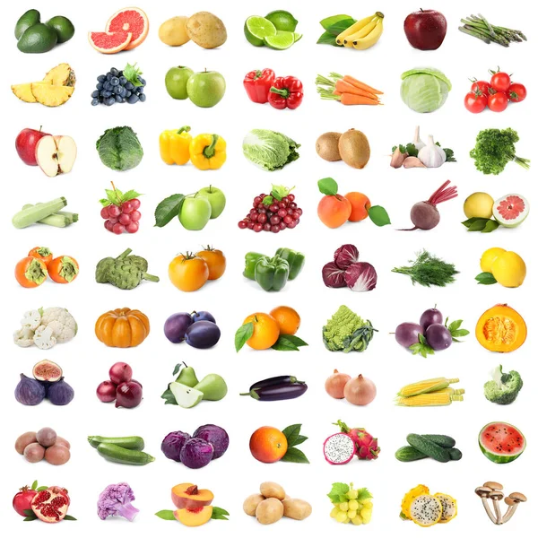 Wiele Świeżych Owoców Warzyw Białym Tle Projekt Collage — Zdjęcie stockowe
