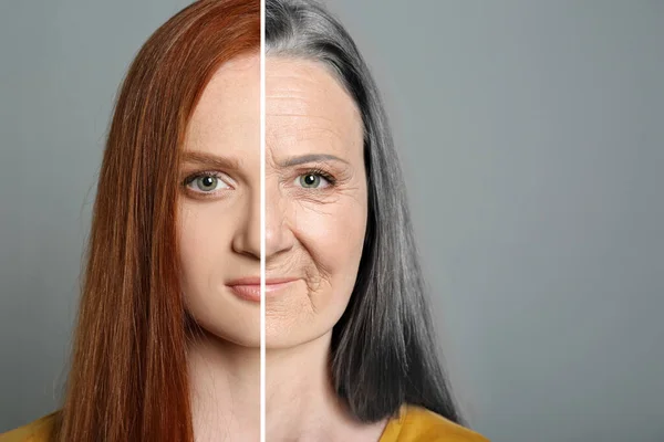老化期间外观的变化 女人的画像被分割成两半 以显示她在年轻和老年时的模样 浅灰背景下的拼接设计 — 图库照片
