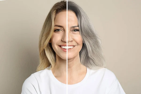 Perubahan Penampilan Selama Penuaan Potret Wanita Terbagi Dua Untuk Menunjukkannya — Stok Foto