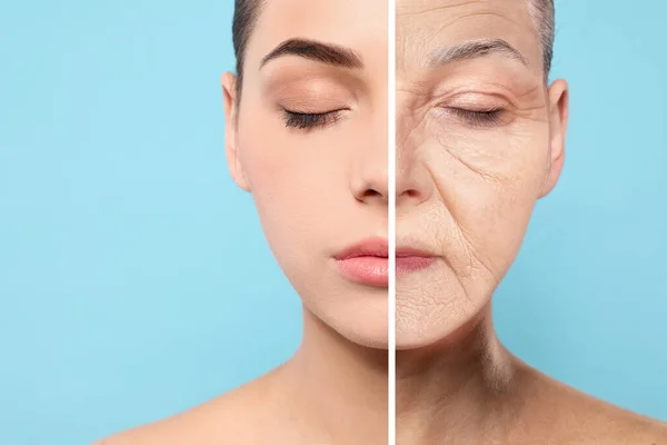 Cambios Apariencia Durante Envejecimiento Retrato Mujer Dividida Por Mitad Para — Foto de Stock