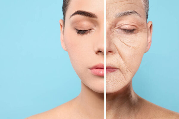 Изменение внешнего вида во время старения. Портрет женщины, разделенный пополам, чтобы показать её в молодом и старшем возрасте. Дизайн коллажа на голубом фоне