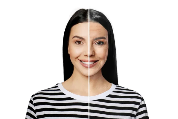 老化期间外观的变化 女人的画像被分割成两半 以显示她在年轻和老年时的模样 白色背景的拼贴设计 — 图库照片