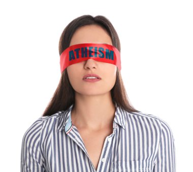 Woman wearing red blindfold with word Atheism on white background clipart