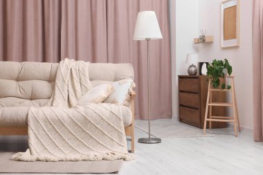 Rahat bir kanepe, yastıklar ve rahat bir odada battaniye. İç tasarım