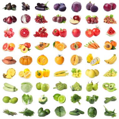 Beyaz arka planda taze meyve ve sebze çeşitleri, kolaj tasarımı