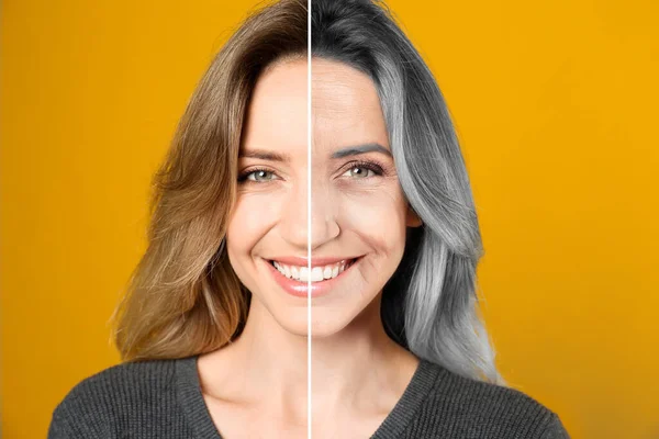 老化期间外观的变化 女人的画像被分割成两半 以显示她在年轻和老年时的模样 橙色背景下的拼贴设计 — 图库照片