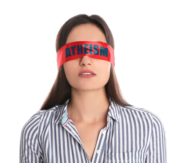 Mulher Vestindo Venda Vermelha Com Palavra Ateísmo Fundo Branco — Fotografia de Stock