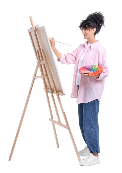 Mujer Joven Pintando Sobre Caballete Con Lienzo Sobre Fondo Blanco — Foto de Stock