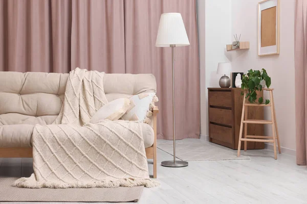 Bequemes Sofa Kissen Und Decke Gemütlichen Zimmer Innenarchitektur — Stockfoto