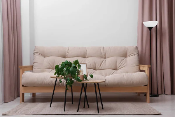 Sofa Nyaman Dan Tanaman Rumah Tangga Atas Meja Kopi Ruang — Stok Foto