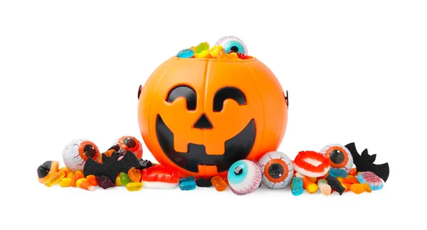 Truco Halloween Cubo Tratar Con Diferentes Dulces Sobre Fondo Blanco —  Fotos de Stock