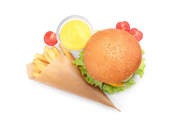 French Fries Tasty Burger Sauce White Background Top View — Stock Photo, Image